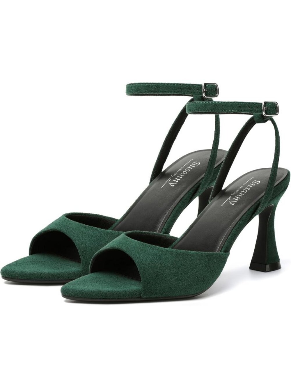 Women's Green Suede Pointed Open Toe Strappy Chunky Block Sexy High Heels Shoes